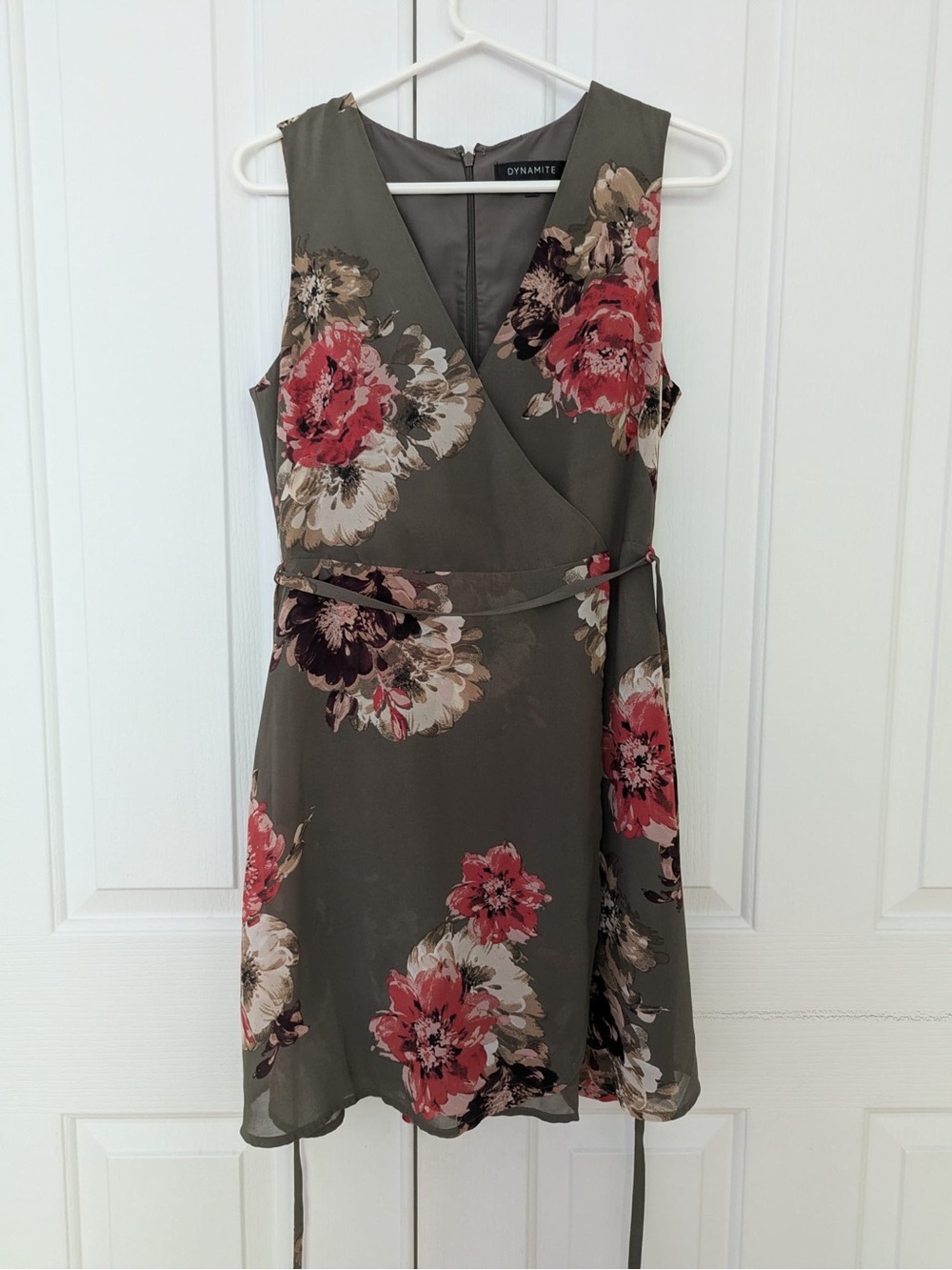 Dynamite Olive Green Floral Wrap Mini Dress with Pink Blooms